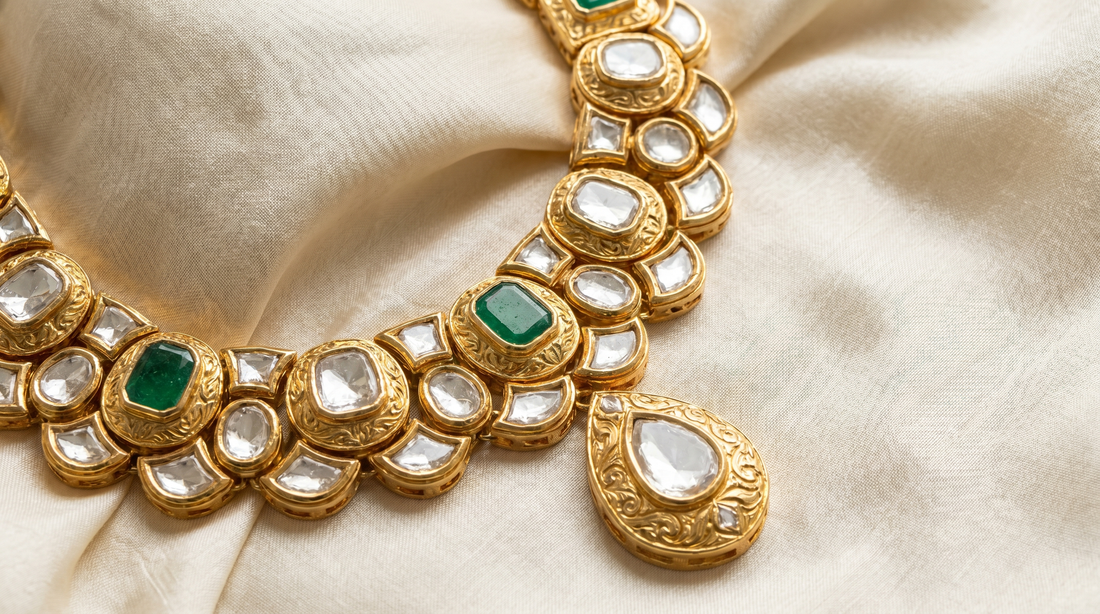 Kundan gold jewellery necklace with gemstones flush-set in refined gold on ivory silk – KANSYA Jewellery