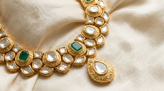 Kundan gold jewellery necklace with gemstones flush-set in refined gold on ivory silk – KANSYA Jewellery