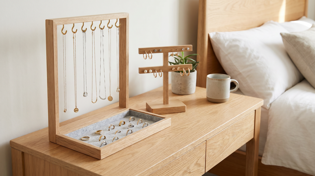 Minimalist wooden jewellery organiser with necklaces on hooks and rings in a tray – KANSYA Jewellery
