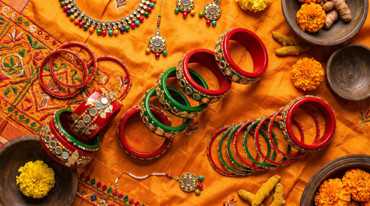 Rajasthani lac bangles in red and green with mirror work on orange silk – KANSYA Jewellery