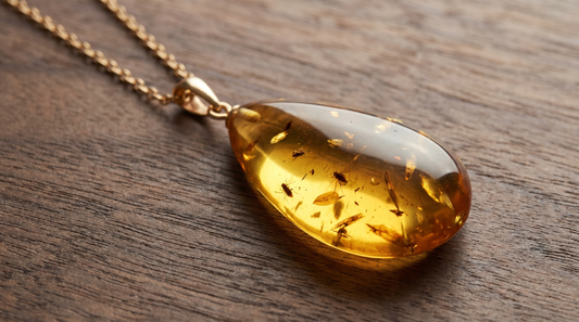 Golden amber pendant with prehistoric inclusions on gold chain resting on dark wood – KANSYA Jewellery