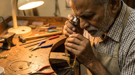 Craftsperson examining gold jewellery with a loupe in an Indian workshop – KANSYA Jewellery