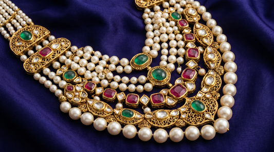 Elaborate multi-strand Naulakha gold necklace with pearls rubies and emeralds on dark silk – KANSYA Jewellery