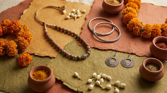 gifting jewellery India guide - handmade jewellery on natural paper with flowers