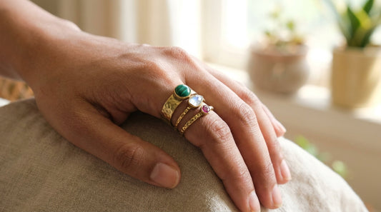 how to wear rings India guide - brass and stone rings stacked on hand