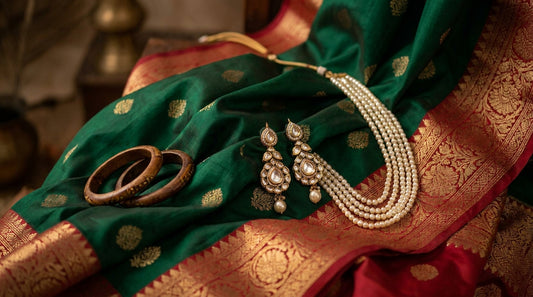 jewellery for saree India guide - kundan and pearl on silk saree fabric
