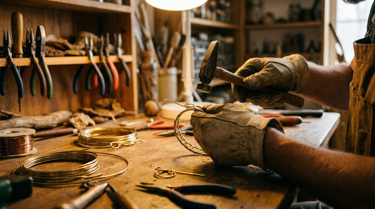 handmade jewellery India - artisan hands working brass at workshop bench