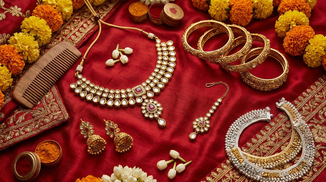 Indian bridal jewellery checklist - flat lay of bridal set on red silk