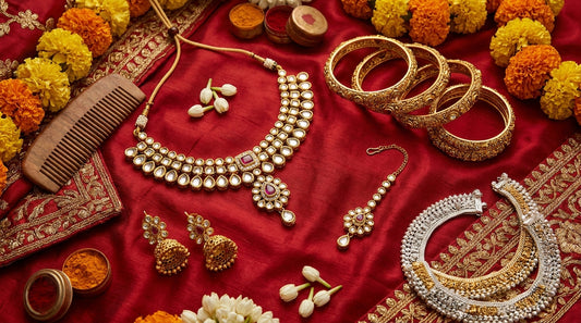 Indian bridal jewellery checklist - flat lay of bridal set on red silk