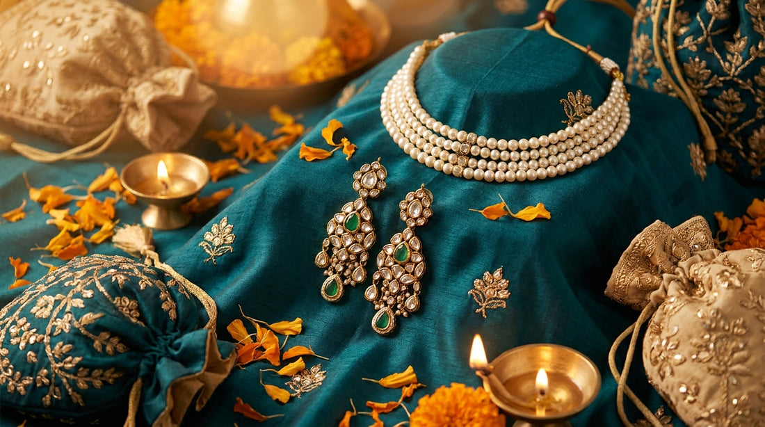 wedding guest jewellery India - drop earrings and pearl necklace on teal silk