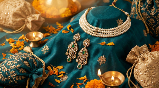 wedding guest jewellery India - drop earrings and pearl necklace on teal silk