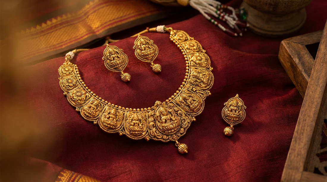 Kolhapuri jewellery Maharashtra - gold temple necklace and earrings on maroon fabric
