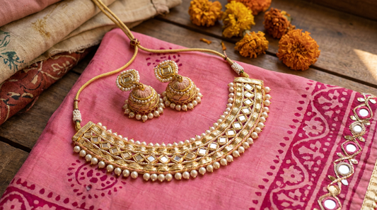gota patti jewellery Rajasthan - gold ribbon earrings and necklace on pink fabric