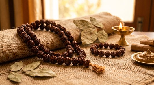 rudraksha jewellery India - brown rudraksha mala and bracelet on jute fabric