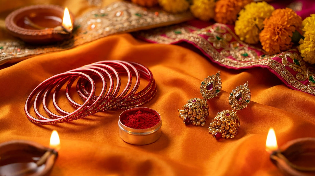 Karwa Chauth jewellery guide - red bangles and gold earrings on orange silk
