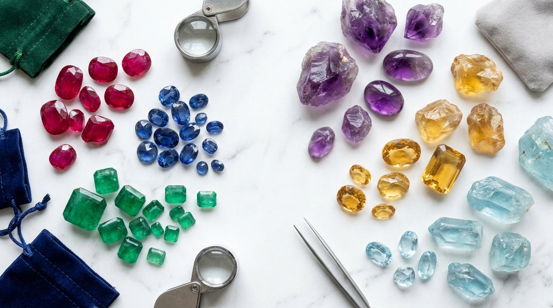 precious vs semi-precious gemstones India - colourful stones on white marble