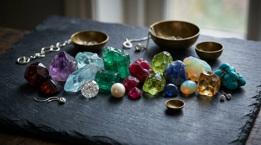 birthstone jewellery India guide - 12 coloured gemstones on dark slate
