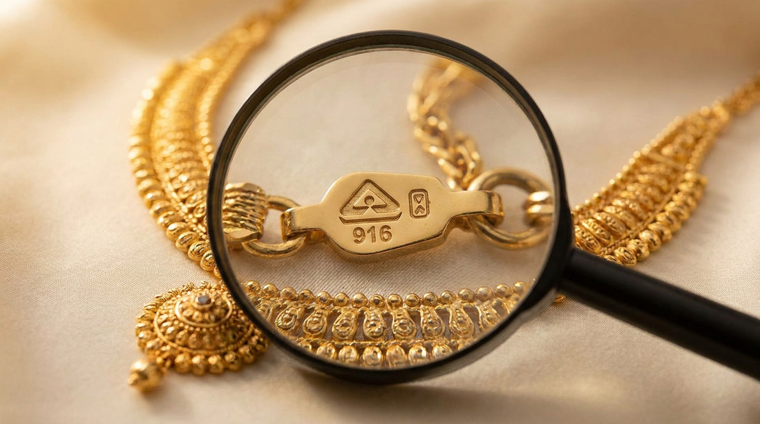 BIS hallmarking gold jewellery India - magnifying glass on hallmark stamp