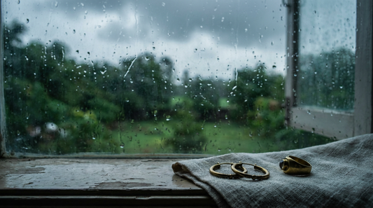 jewellery for monsoon India - brass earrings beside rain-streaked window
