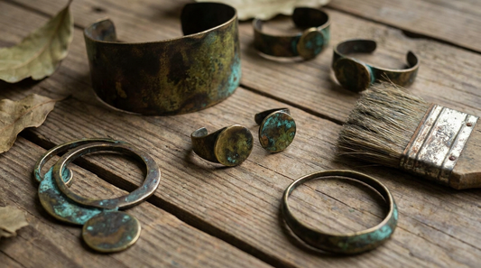patina aged metal jewellery guide - brass pieces with dark patina on wood