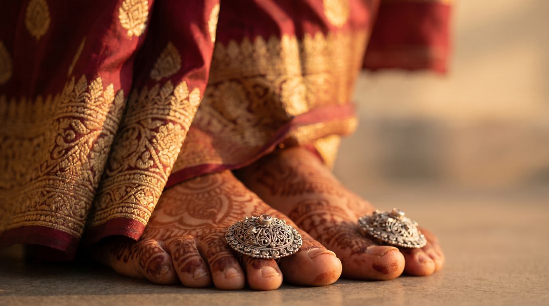 silver toe rings bichiya on Indian woman's feet with mehndi henna designs