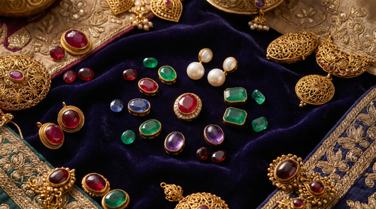colourful birthstone gemstones ruby emerald sapphire pearl Indian jewellery