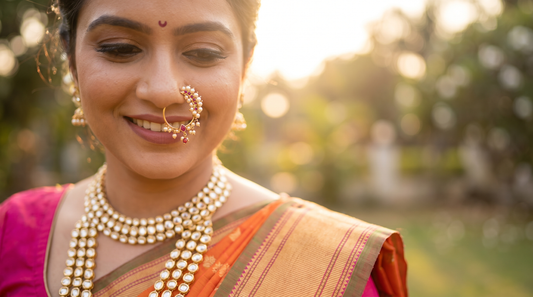 Indian bride wearing ornate gold nath nose ring with pearls bridal jewellery