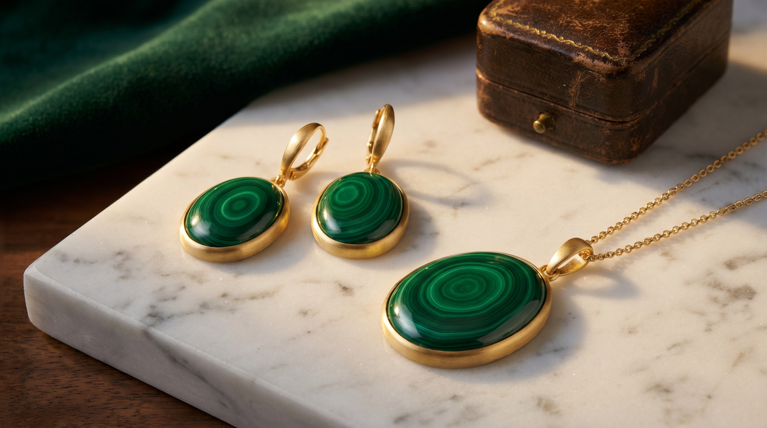 vivid green malachite stone jewellery earrings pendant gold setting on marble