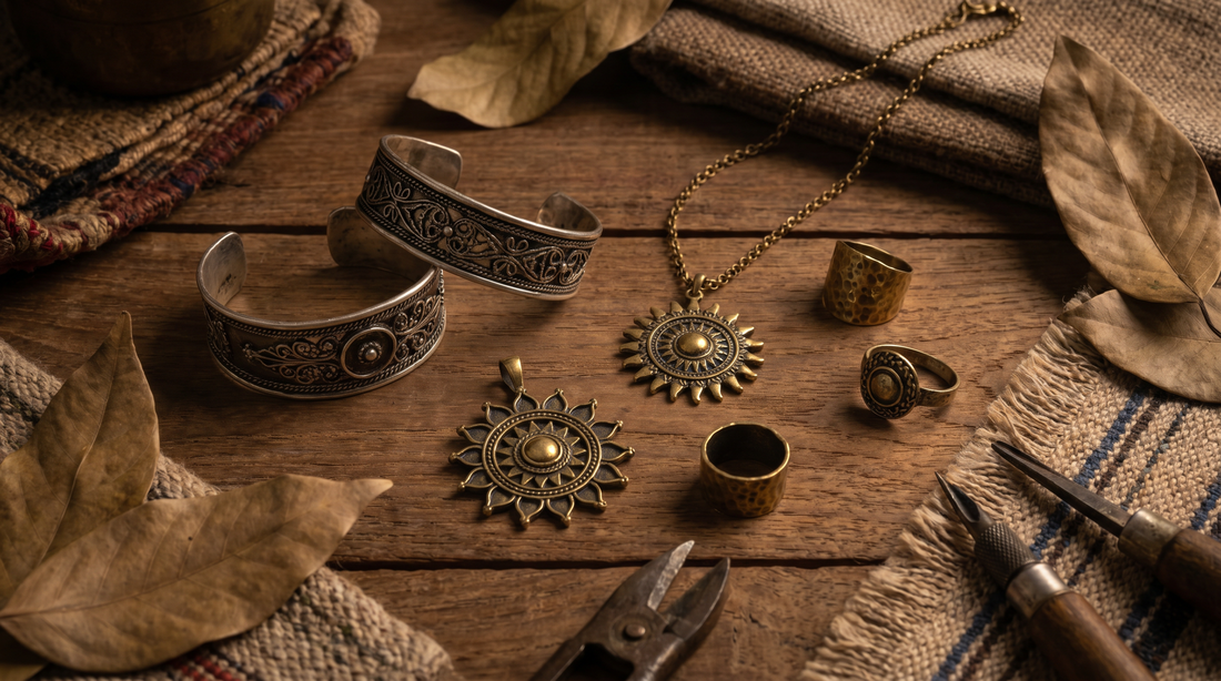brass and silver handcrafted jewellery showing natural patina aged texture artisan
