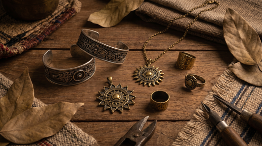 brass and silver handcrafted jewellery showing natural patina aged texture artisan
