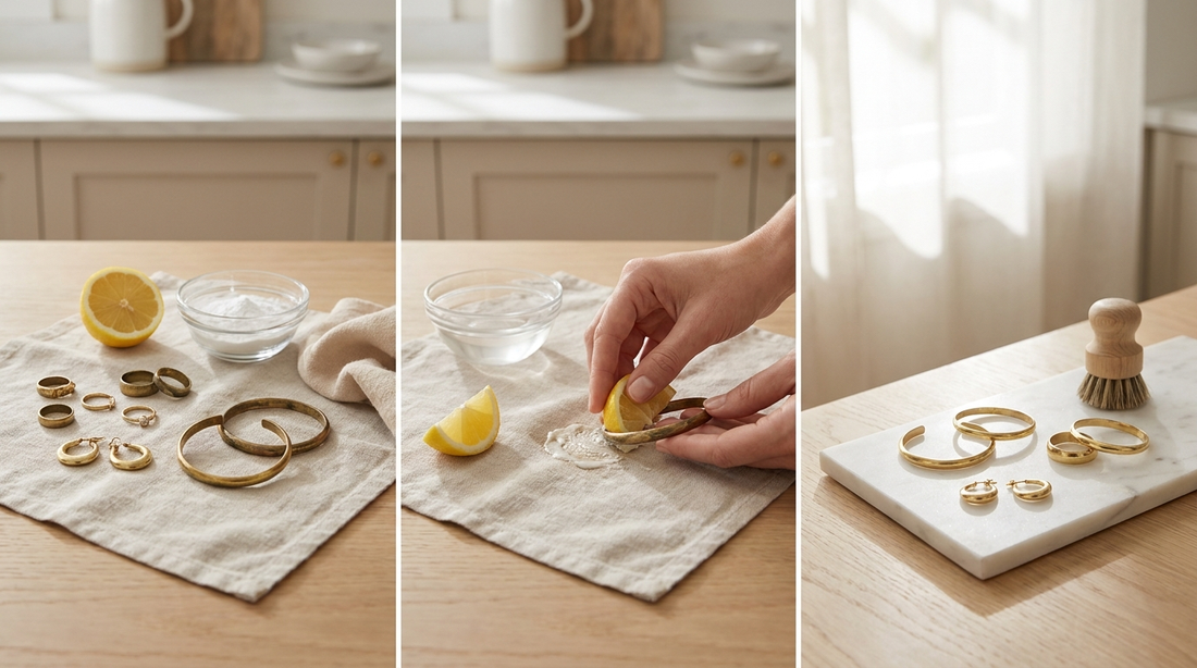 Brass jewelry being cleaned at home using lemon and soft cloth in a jewelry care setup