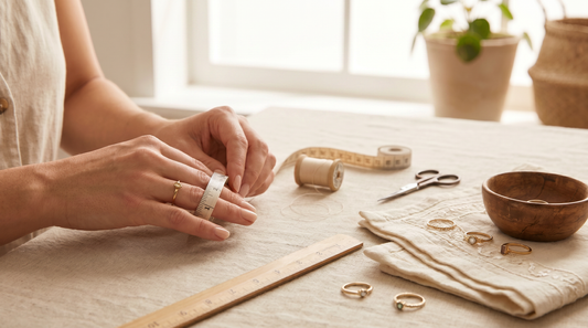 Woman measuring ring size at home using string and ruler beside jewelry accessories