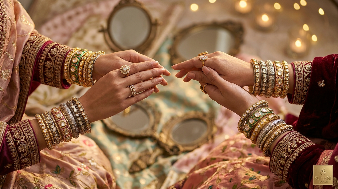 Indian women styling stacked bangles with traditional and modern jewelry combinations