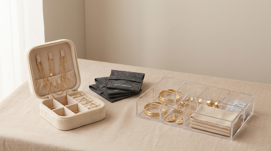 Gold-plated jewelry stored safely in velvet boxes and anti-tarnish organizers