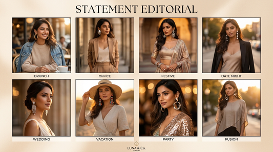 Different statement earrings styled for casual, festive, and formal fashion looks