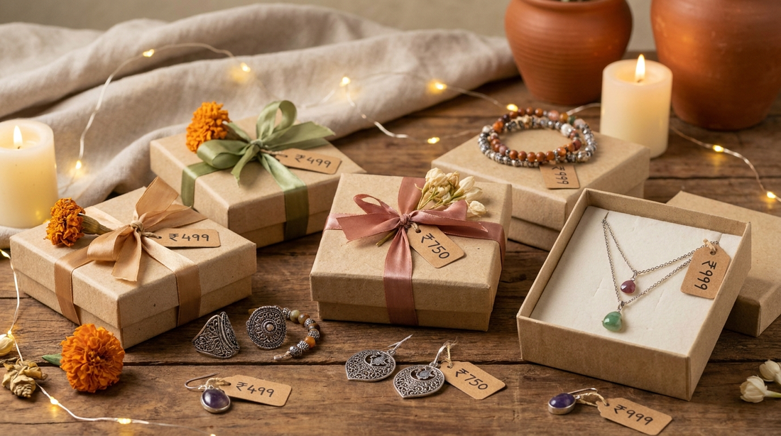 Handmade Indian jewelry gift ideas under ₹1000 displayed in elegant festive packaging