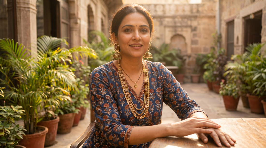 Indian woman in printed kurta wearing jhumka earrings and layered gold necklace – KANSYA Jewellery