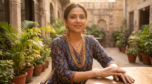 Indian woman in printed kurta wearing jhumka earrings and layered gold necklace – KANSYA Jewellery