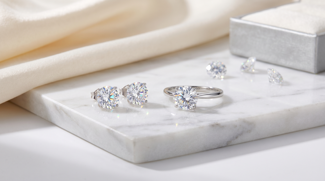 Sparkling moissanite ring and earrings set on white marble – KANSYA Jewellery