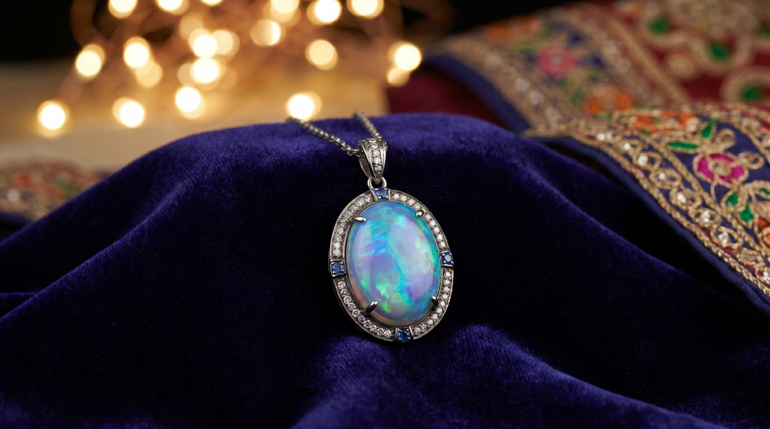 Glowing opal pendant necklace in iridescent white and blue on dark velvet – KANSYA Jewellery