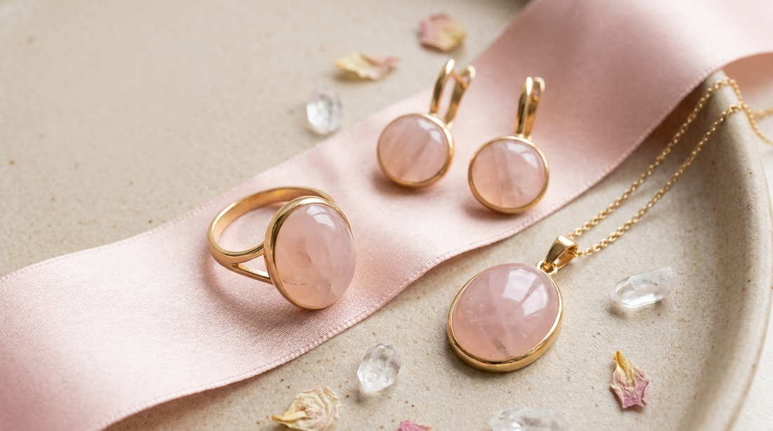 Pink onyx gemstone jewelry including rings and earrings displayed in a luxury editorial setting