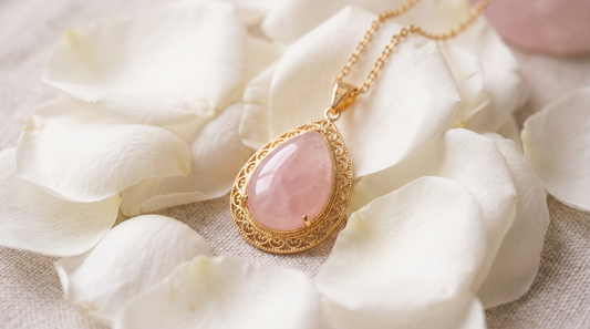 Rose quartz crystal pendant on gold chain resting on white rose petals – KANSYA Jewellery
