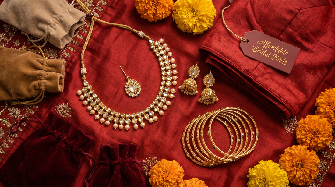Affordable Indian wedding jewellery flat lay with jhumkas and bangles on red silk – KANSYA Jewellery