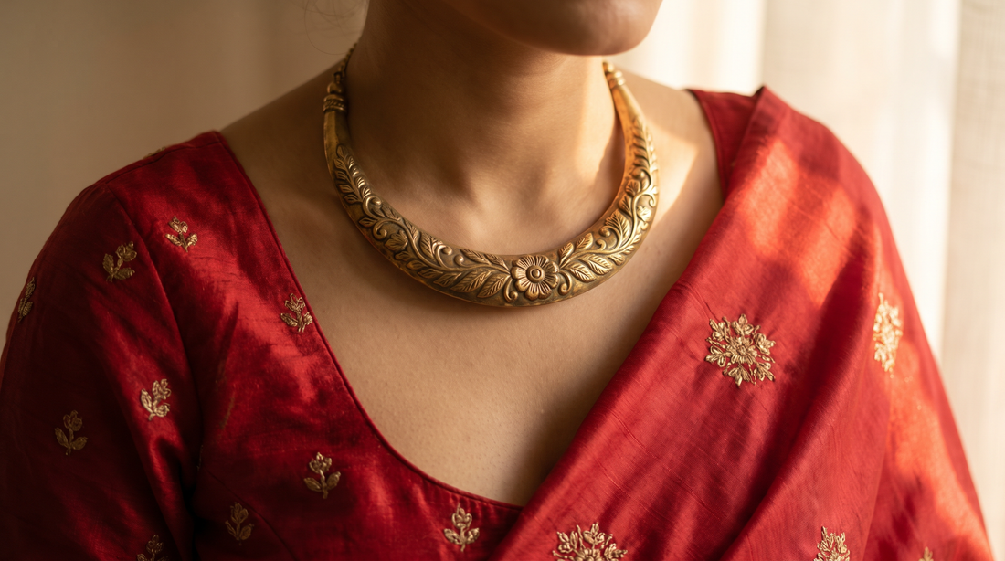 Traditional Indian hasli rigid gold collar necklace with floral embossing on red silk – KANSYA Jewellery