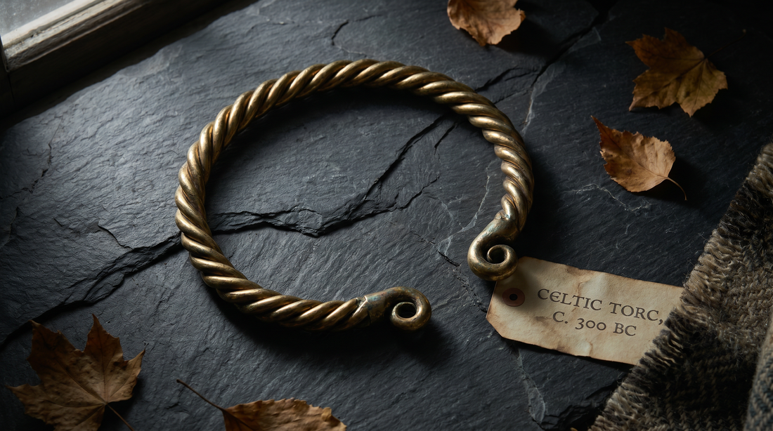 Twisted open-ended torc necklace in antique gold on dark slate stone – KANSYA Jewellery