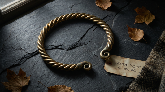 Twisted open-ended torc necklace in antique gold on dark slate stone – KANSYA Jewellery
