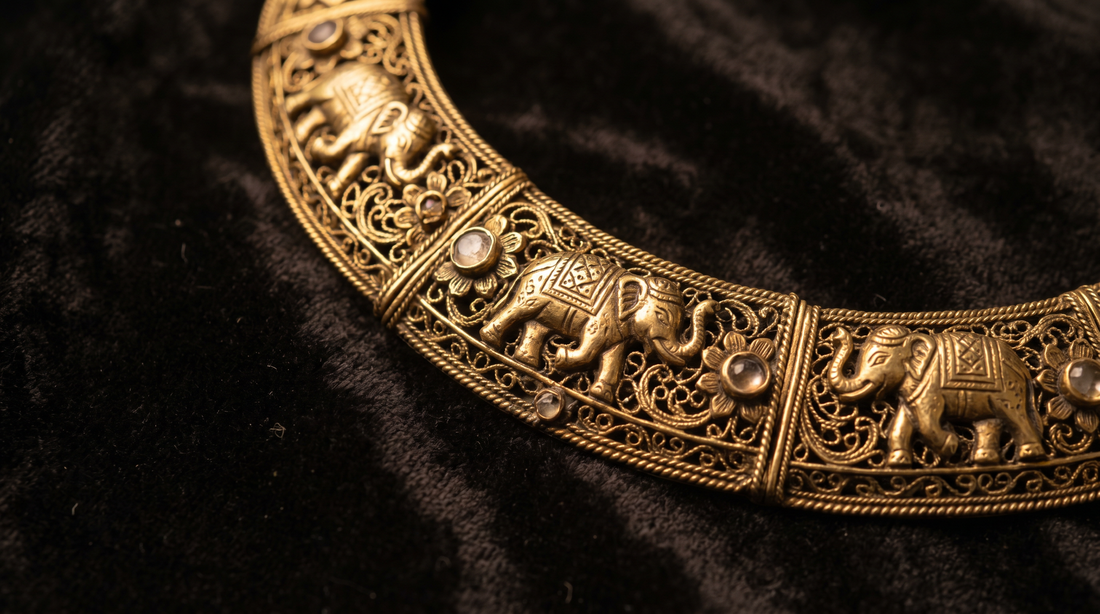 Intricate chilai work wire-engraved brass necklace close-up – KANSYA Jewellery