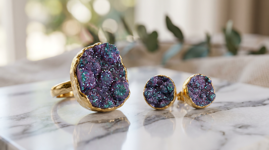 Purple and teal druzy stone ring and earrings on white marble – KANSYA Jewellery
