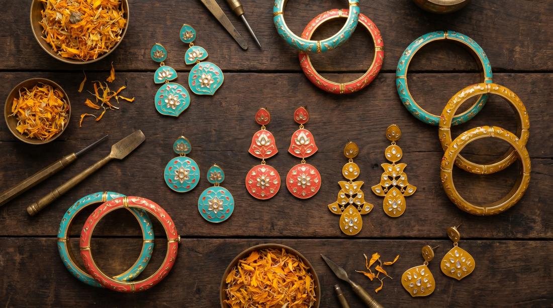 Colourful enamel earrings and bangles in turquoise coral and mustard on dark background – KANSYA Jewellery