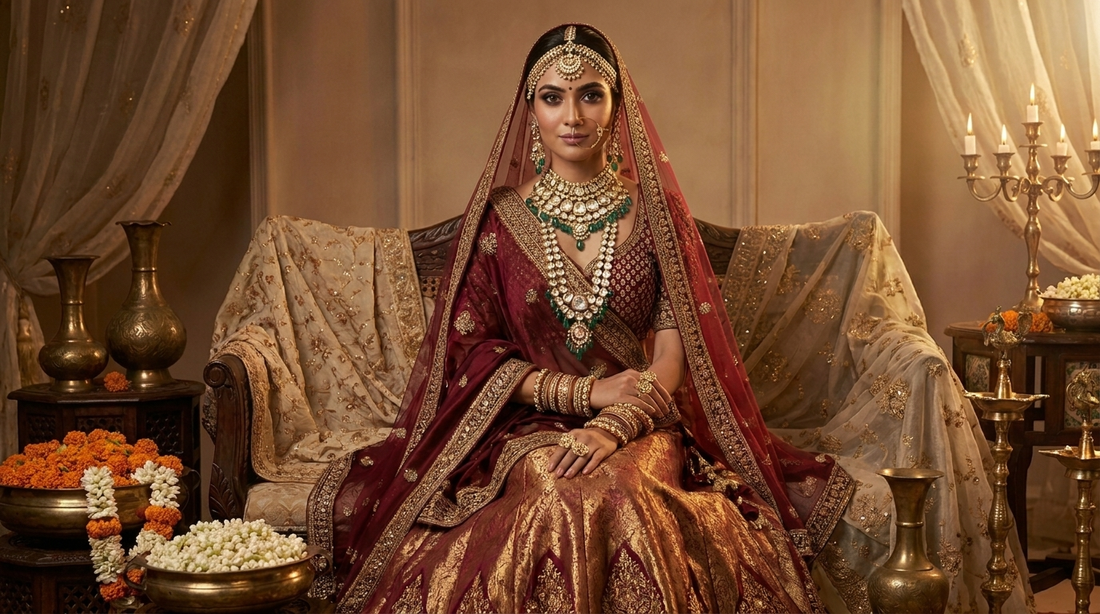 Traditional Indian Kundan jewelry including necklace and earrings styled in a royal editorial setting